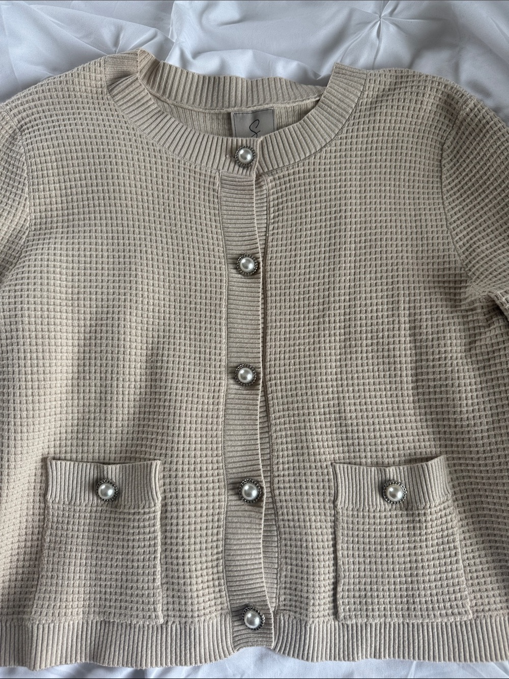 Sioni Beige Waffle Knit Cardigan with Pearl Buttons